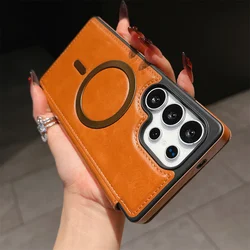Luxury Classic Leather Flip Wallet - Magnetic Phone Case with Wireless Charging Compatibility - Galaxy S26Ultra (Brown)