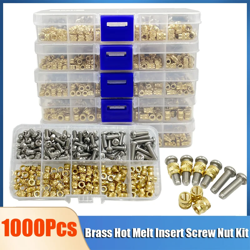 Stainless Steel Screws Screw Bolt Nut Set Hex Nuts Assortment Kit Screw Washer Nut Kit Copper Brass Standoff Screws Copper Pillar Screws Brass Insert Nut and Stainless Steel Screw Set M1.4 M1.6 M2 M3 Hot Melt Knurled Thread Injection Molding Copper Embedment Nut