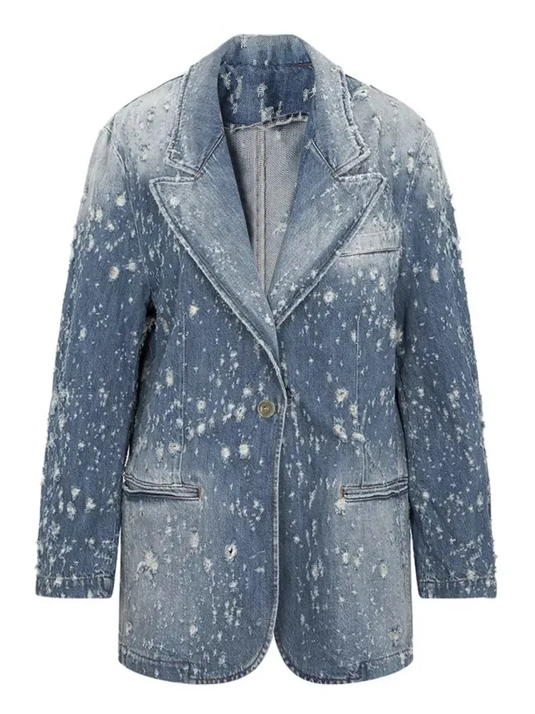 KBQ Distressed Spliced Raw Hem Denim Blazers For Women Notched Collar Long Sleeve Streetwear Blazer Female Chic Style Clothing