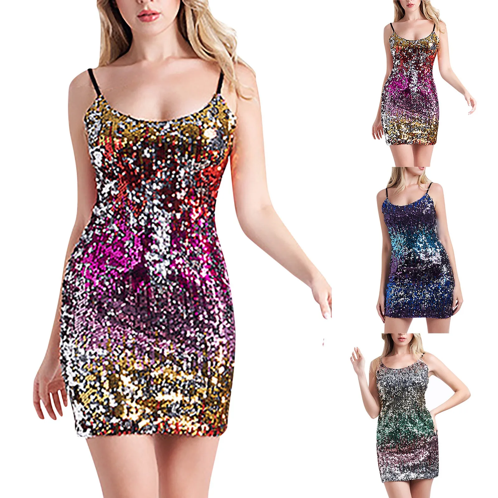 

Женские модные платья на бретелях, сексуальное женское вечернее платье с блестками, облегающая короткая юбка без рукавов с U-образным вырезом, вечернее платье