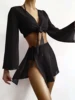 4 Pieces Thong Bikini 2025 Women With Top and Dress Black Swimwear Female Halter Swimsuit Beachwear Bathing Swimming Suit Summer