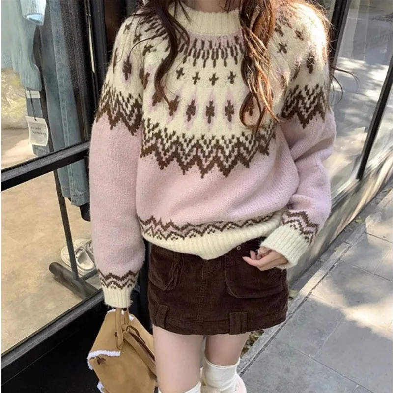 Pink Fair Isle Knit Sweater Women's Autumn Winter New Style Lazy Soft Long Sleeve round Neck Pullover Knitted Dressing Shirt