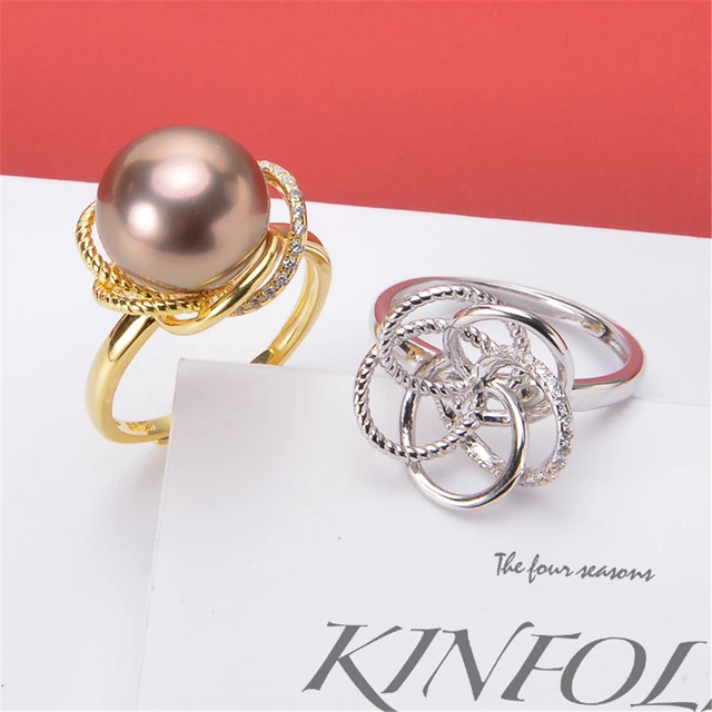 DIY pearl accessories S925 sterling silver pearl ring empty holder  concealer flower adjustable Fit 12-14mm bead - AliExpress