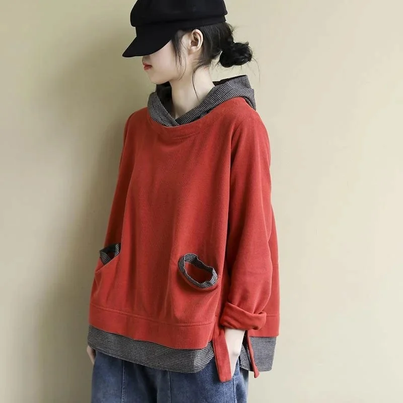 

Spring Autumn New Arts Style Women Long Sleeve Loose Casual Hooded Pullovers Double Pocket Fake Two Piece Hoodies M695