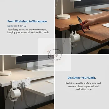 Organizer da scrivania con pannello forato senza foratura, con ganci per riporre oggetti e appendere accessori.