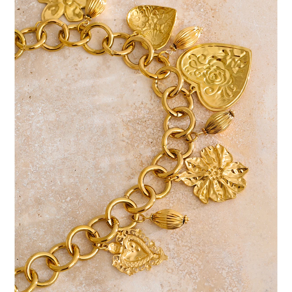 Necklace Statement Steel Heart Charms Drop 18K Golden PVD Plated Waterproof