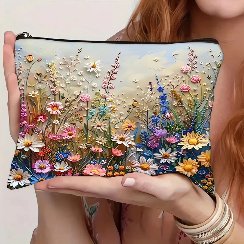 Flower Printed Canvas Cosmetic Bag, Large Capacity Wash Bag, 3D Portable Makeup Travel Bag, Double Sided Print Cotton and Linen