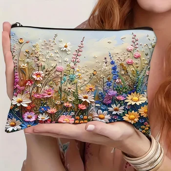 حقيبة مستحضرات تجميل قماشية مطبوعة بالزهور، حقيبة غسيل ذات سعة كبيرة، حقيبة سفر محمولة ثلاثية الأبعاد، قطن وكتان مطبوع على الوجهين 3