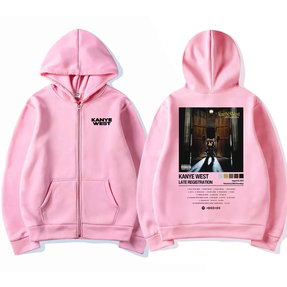 Rapper Kanye West Late Registration Album Print Zipper Hoodie Men Women Hip Hop Fashion Zip Up Jacket Male Oversized Sweatshirt