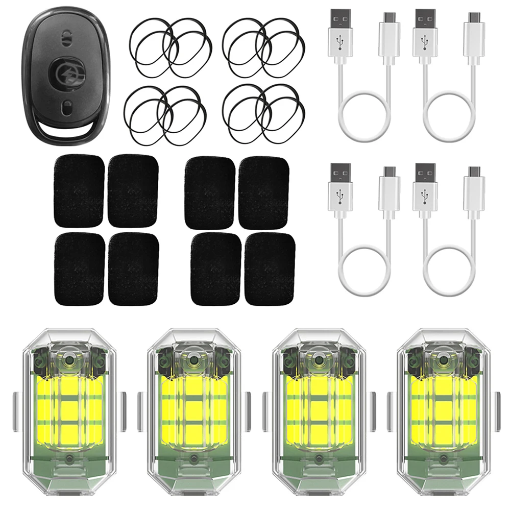 4pcs Aircraft Strobe Lamp 2.4G Wireless Remote Control M3 Micro USB Charging 3.7V 350mAh 7 Colors High Brightness for Motorcycle