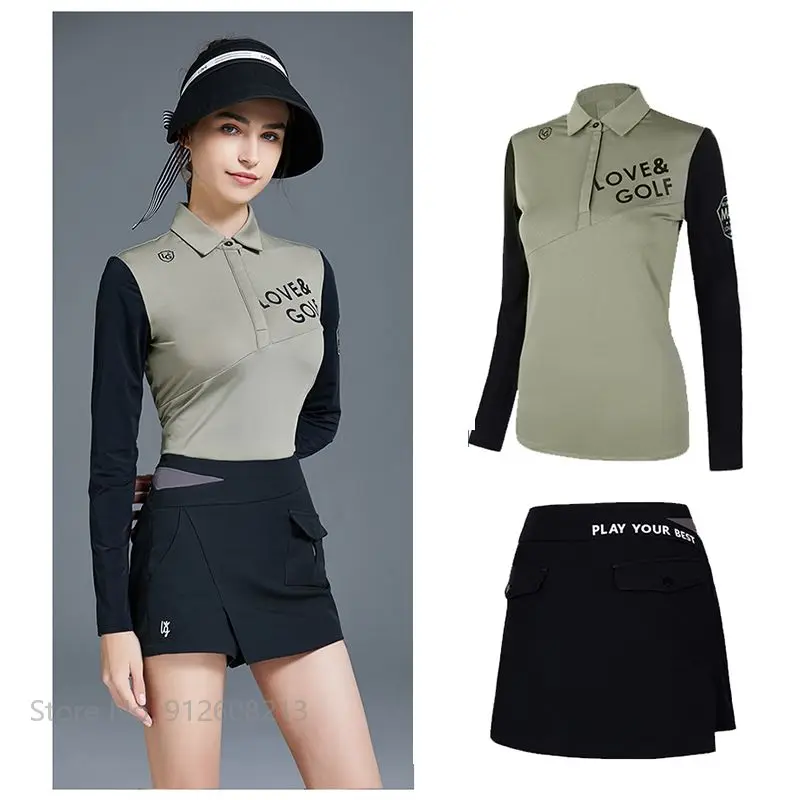 Love Golf Women Long Sleeve Sunscreen Golf Shirt Printed High Waist Skirt Ice Silk Patchwork Tops Ladies A-line Short Skort,women golf polo shirt