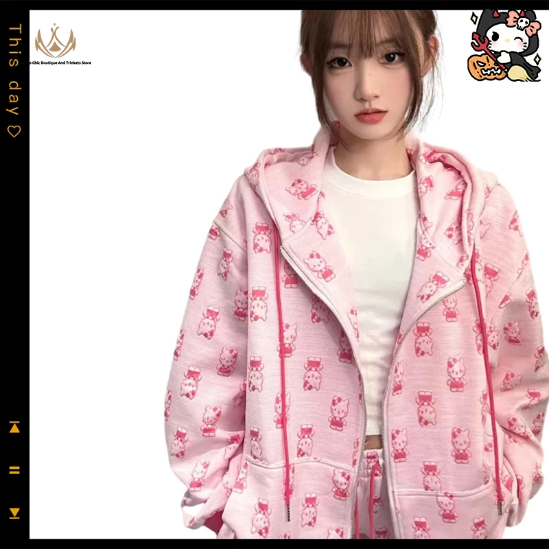 

Женский розовый хлопковый свитшот с капюшоном и принтом Hellokitty