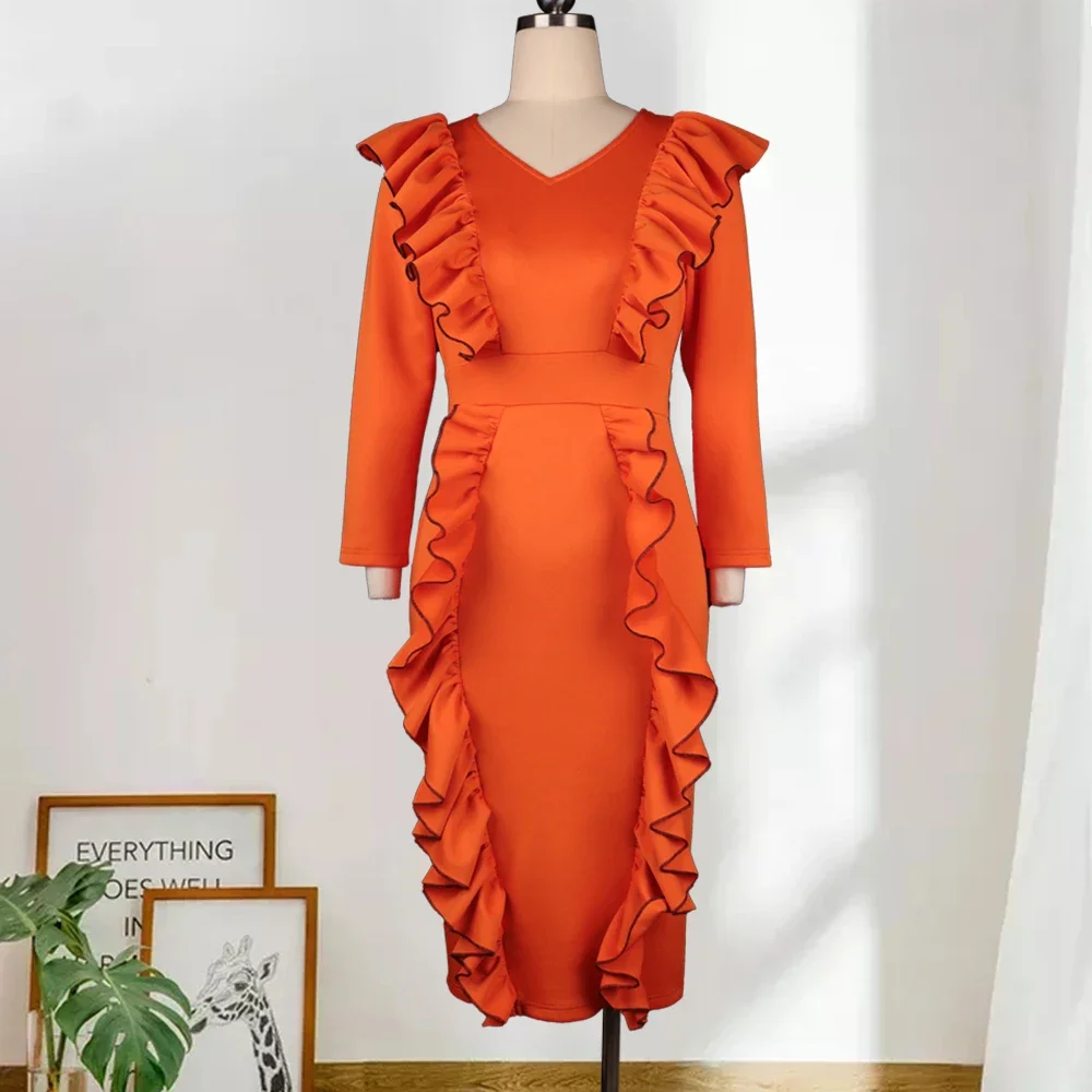 

Women Sexy V Neck Ruffles Bodycon Dress Long Sleeve Slim Fit Vintage Elegant Retro Party Gown Birthday Outfits Spring 2023 2XL