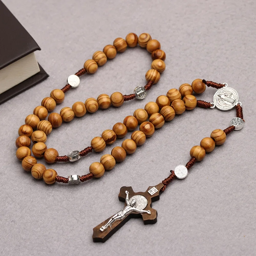 Catholic Wood Beaded Pendant Necklace For Women Men Christian INRI Crucifix Cross Long Chain Religion Prayer Jewelry