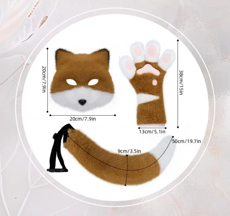 Halloween Color-Blocking Long Glove Beast Tail Set Cosplay Prop Plüsch Fuchs Masken Sets Maske Schwanz Zubehör Halloween Party Karneval – Detail 3