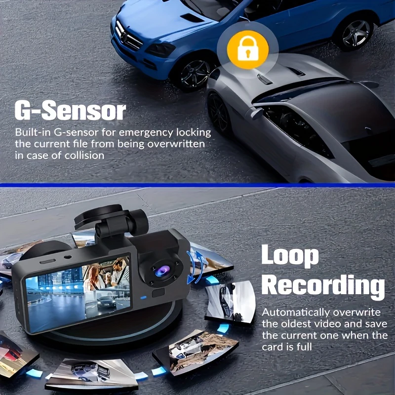 WIFI Dashcam with 3 Cameras, Triple Channel Car Camera, 1080P HD Video Recorder, Night Vision, Car DVR with Wide Angle Lens