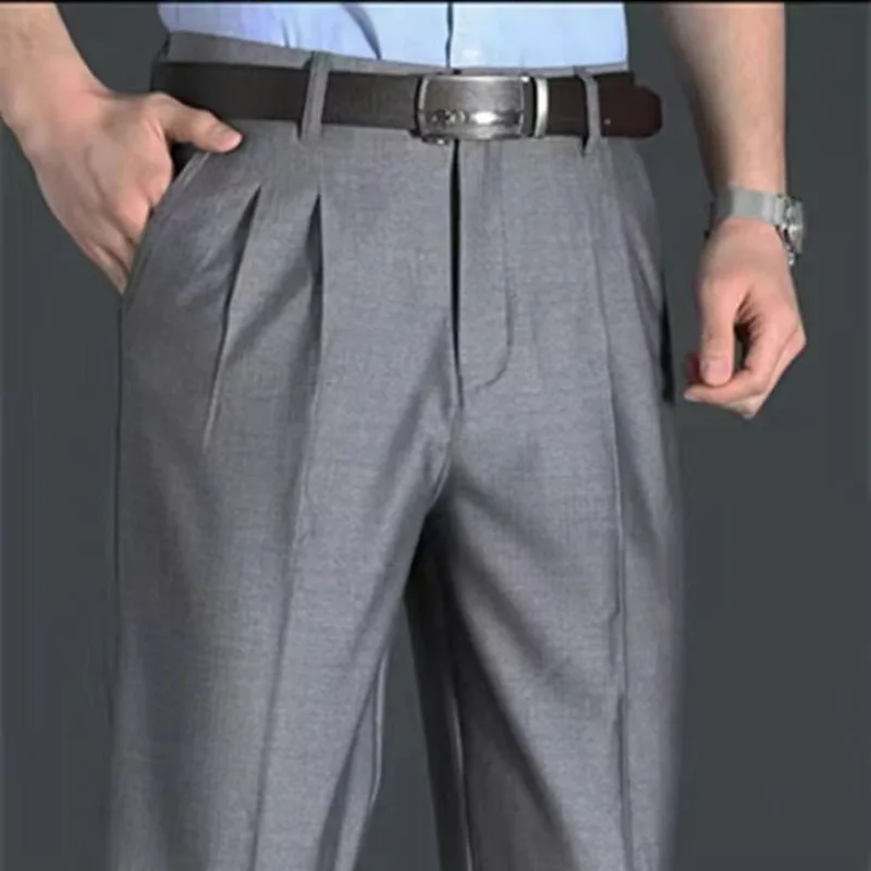 Autumn and Winter Middle-aged Elderly Men's Loose Solid Color High Waisted Button Pockets Ruched Straight Plus Size Suit Pants