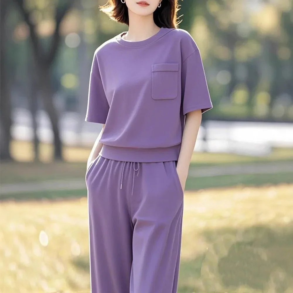 صيف جديد الكورية نمط المرأة ملابس رياضية عادية متعددة الاستخدامات فضفاضة تي شيرتات قصيرة الاكمام بنطال ذو قصة أرجل واسعة قطعتين مجموعة العصرية