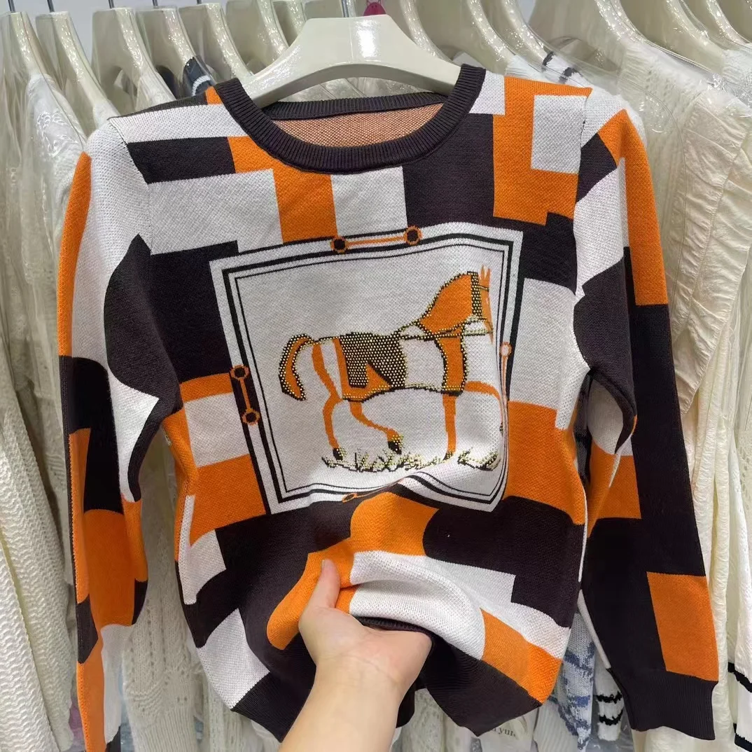 Horse Luxury Brand Designer Knitwears Pullover Sweater For Women 2023 Autumn Winter Vintage Knit Round Neck fashion Top Y2k