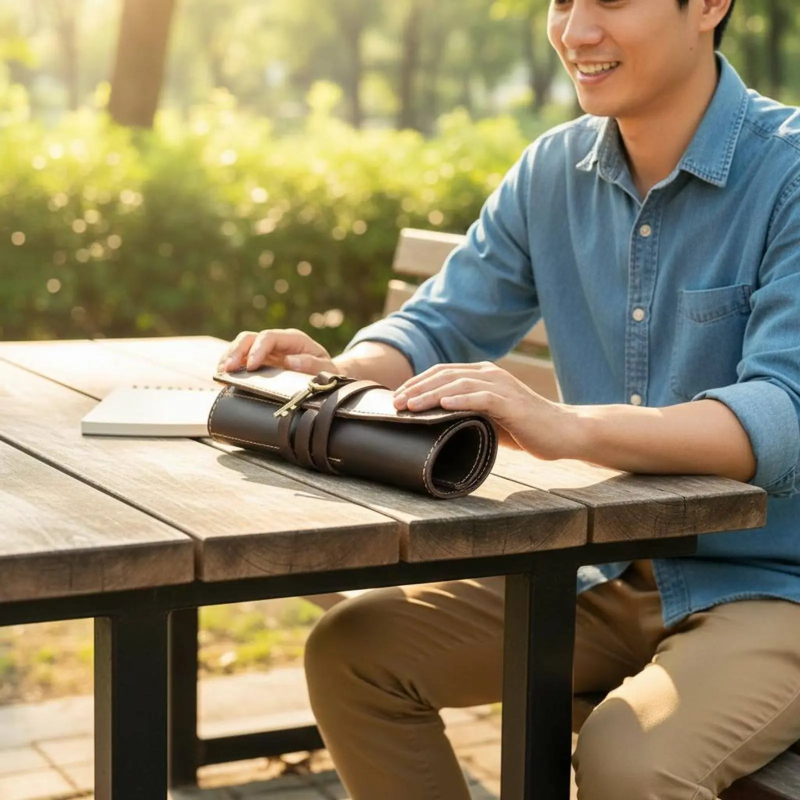 가죽 접이식 필기구 케이스 오래 지속되는 롤업 필기구 파우치 가죽 문구류 롤 다용도 빈티지 펜