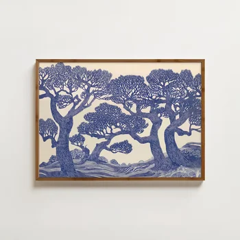 Vintage Oak Tree Print Linocut Forest Wall Art Blue Woodland Landscape Painting Botanical DCoffee Poster Unique Funny Animal Kit 1