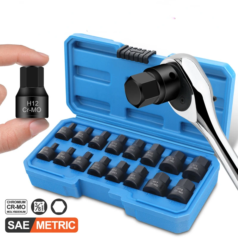 

Allen Key Socket Set 3/8 Inch Metirc Size 6 to 19mm 1/4" to 3/4" Hex Ratchet Wrench Head Auto Repair Hand Tool With Case