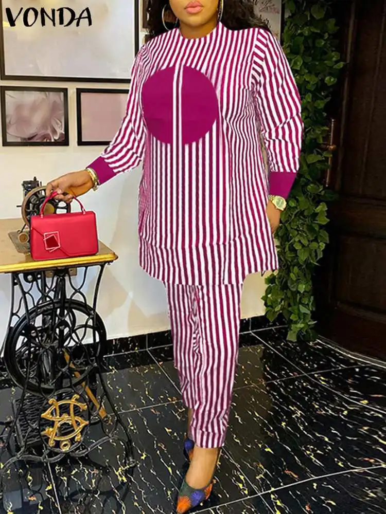 

Bohemian Casual Striped Printed Women Pant Sets VONDA 2023 Autumn Sets Long Sleeve Vintage Tops and Wide Leg Pants Matching Sets