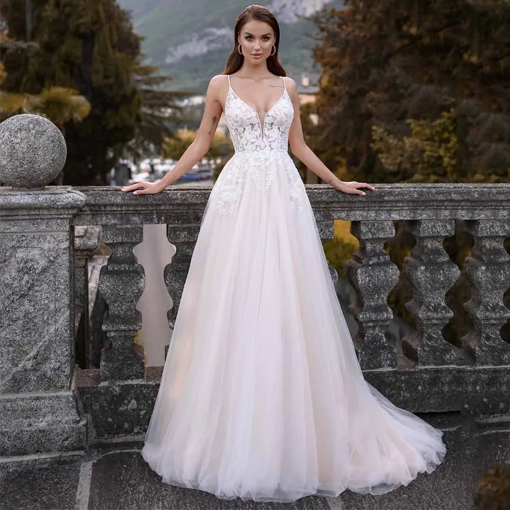 Exquisite 2024 A-line Wedding Dress Sleeveless Applique Tulle Draped Pleat Open Back Bride Dresses Floor Length robe de mariée