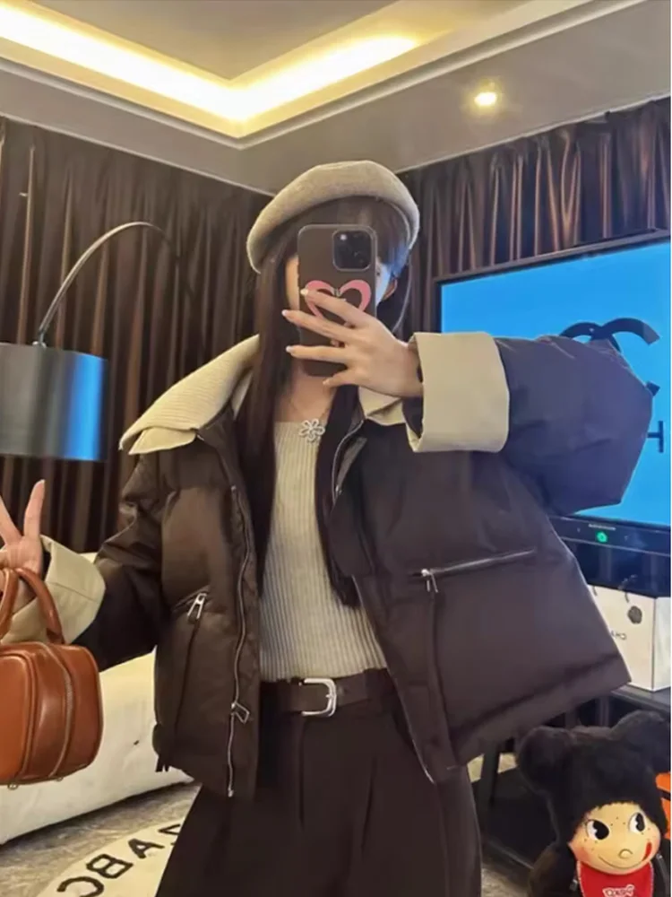 2025 Women Coffee Black Short Parkas Thicken Warm Long Sleeve Lapel Cotton Padded Coat Vintage Winter Student Jacket Streetwear