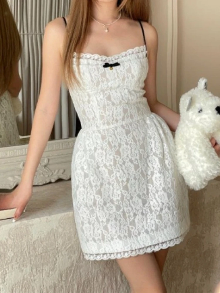 

QWEEK Coquette Lace Y2k Slip Mini Dress Women 2024 Summer Sexy Party Club Spaghetti Strap Short Dresses Fashion New In