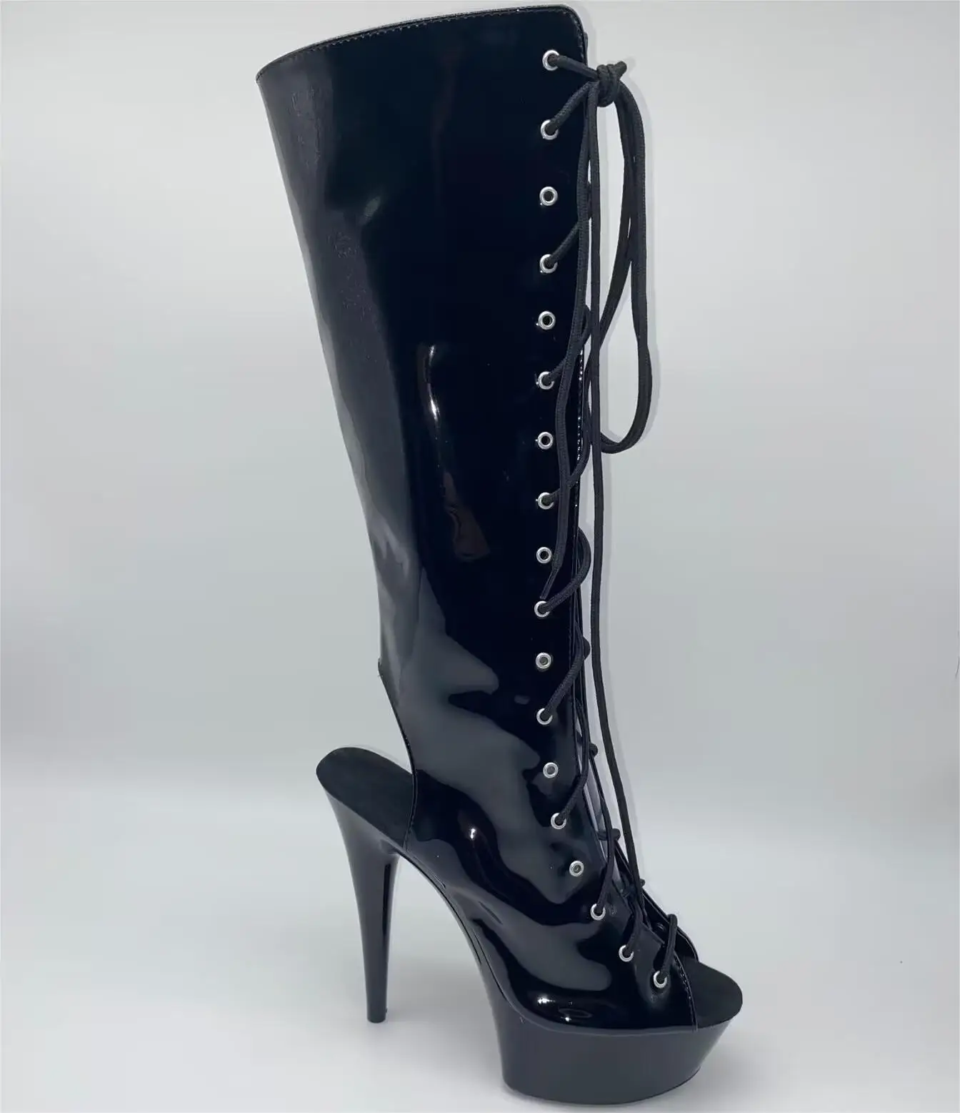 Stylish 15CM women's boots, sexy dance shoes, front strap breathable leather, knee-high heels open-toe dance shoes
