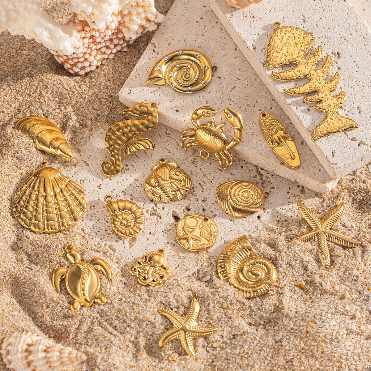 New 18K Gold Plated Ocean Animal Turtle Shell Conch Starfish Diy Charms Making Bulk Stainless Steel Charm Pendant Custom Jewelry
