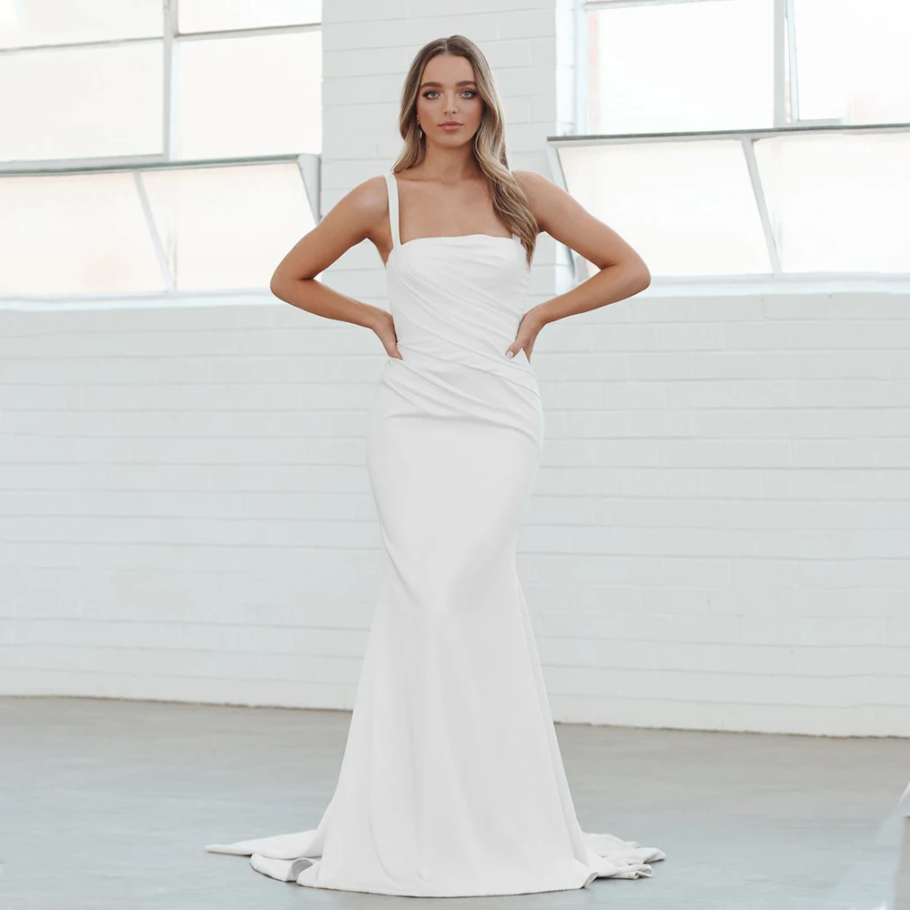 

Элегантное атласное свадебное платье с широкими лямками, плиссированное, с юбкой-годе, со шлейфом, индивидуальный пошив, Формальное свадебное платье для взрослых, 2024