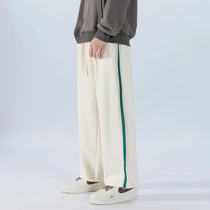 Men's Spring Autumn Drawstring Striped Pocket Solid Elastic and High Waisted Casual Loose Sports Straight Leg Trousers Pants