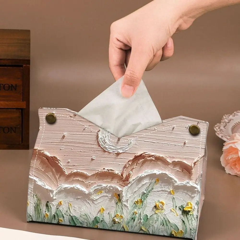 Oil Painting Tissue Case Flowers in the mountains Large Storage Paper Towel Box Leather Durable Desk Decoration for Home 2