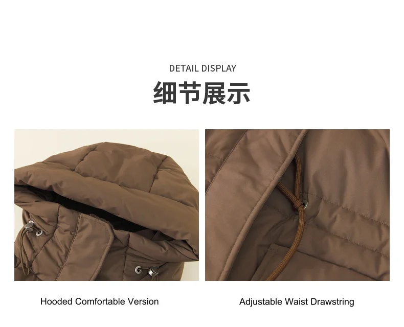 Metersbonwe Women's Adjustable Waist Drawstring Down Coat Puffer 85% Duck Down Hooded Patch Pockets Warm Winter Puffer Jackets