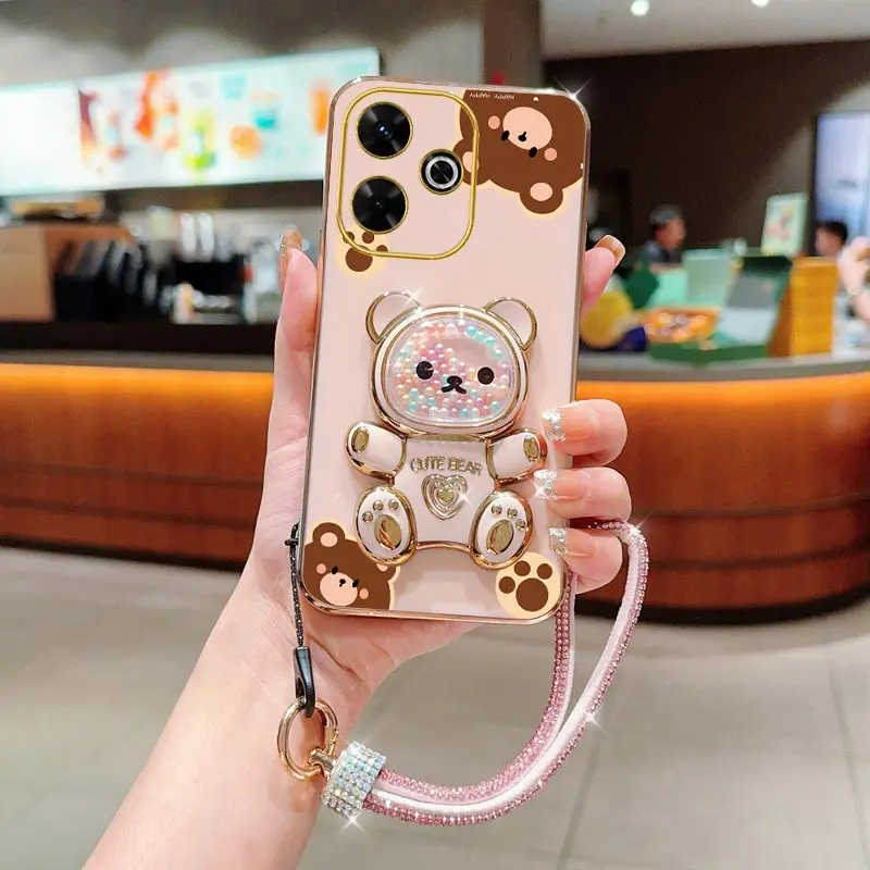 Diamond Wrist Strap Lanyard Cute Bear Phone Holder Case with Stand Cover