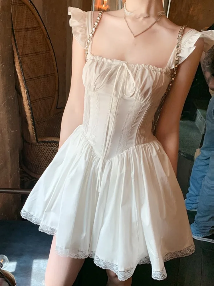 

Y2K женское плиссированное платье с квадратным вырезом, кружевное лоскутное платье с открытыми плечами, новые летние праздничные платья Kawaii, платья-трапеции