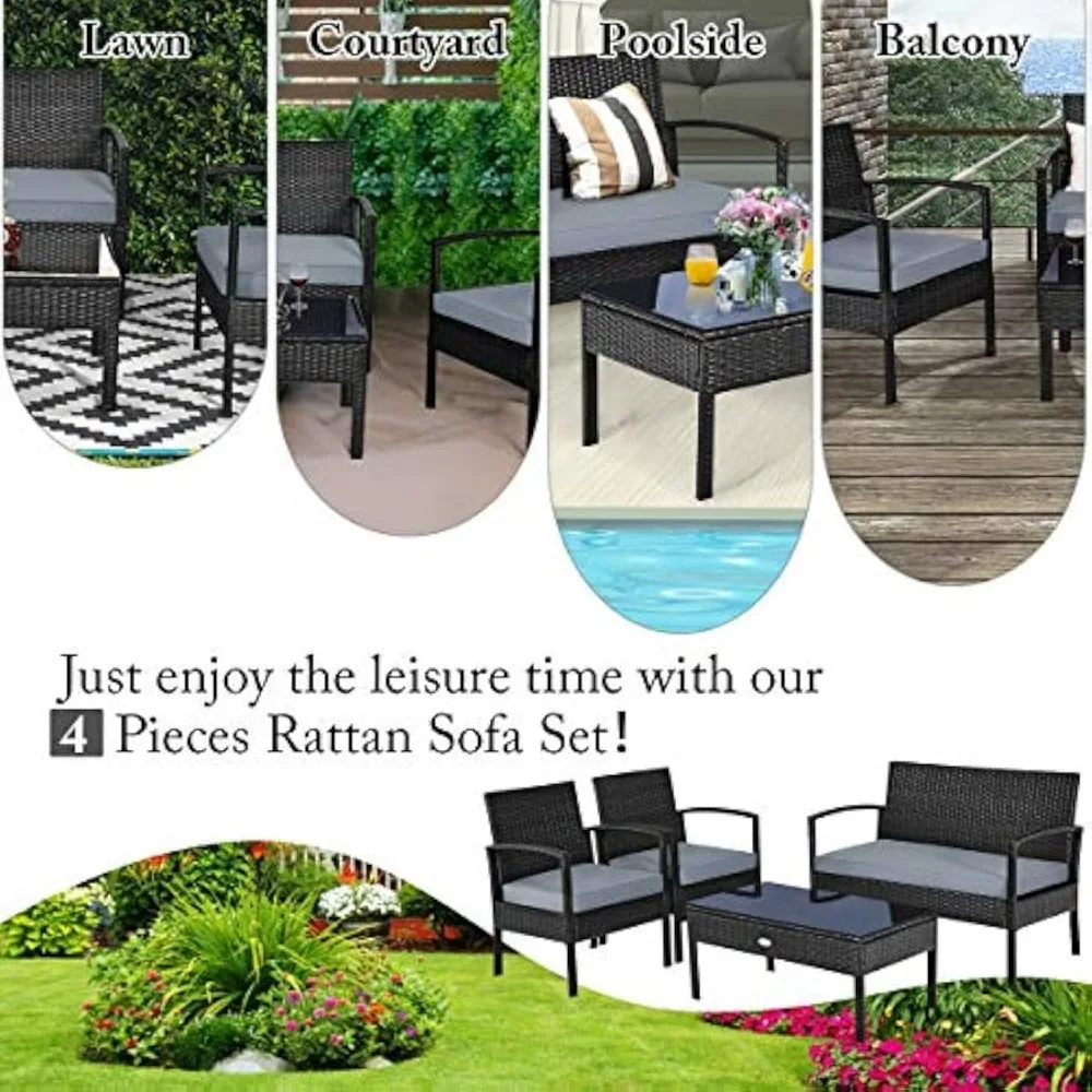 4PCS Patio Rattan Furniture Set, Outdoor Wicker Conversation Set with Tempered Glass Coffee Table, Seat Cushions 6