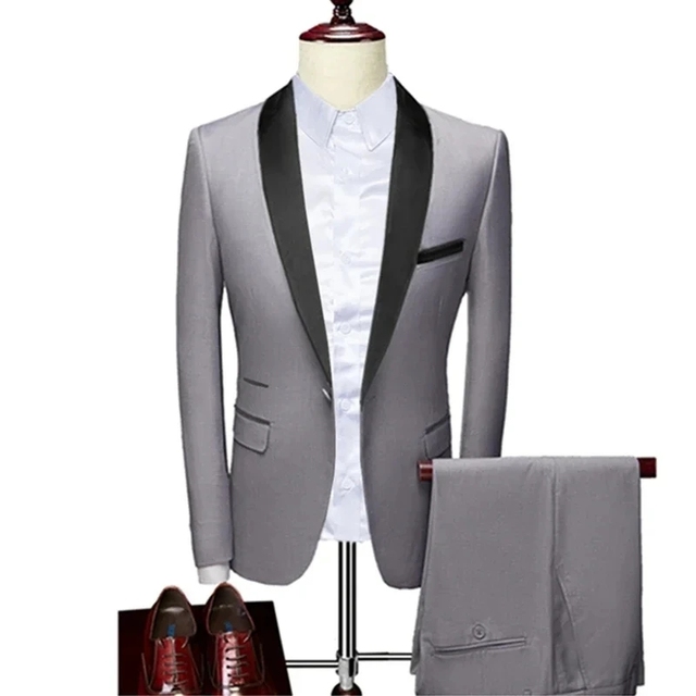 Men Skinny 3 Pieces Set Formal Slim Fit Tuxedo Prom Suit / Male Groom Wedding Blazers High Quality Dress Jacket Coat Pants Vest - 2 Pcs Set Qian Gray, Asian 6XL is US 3XL