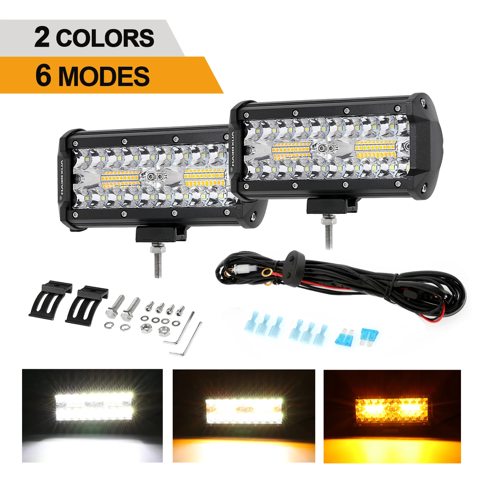 Auxbeam 7Inch 300W Amber LED Light Bar 6 Modes Amber and White Lights Spot  Flood Combo Strobe Light Pods Offroad Fog Light for Truck Car ATV UTV Boat