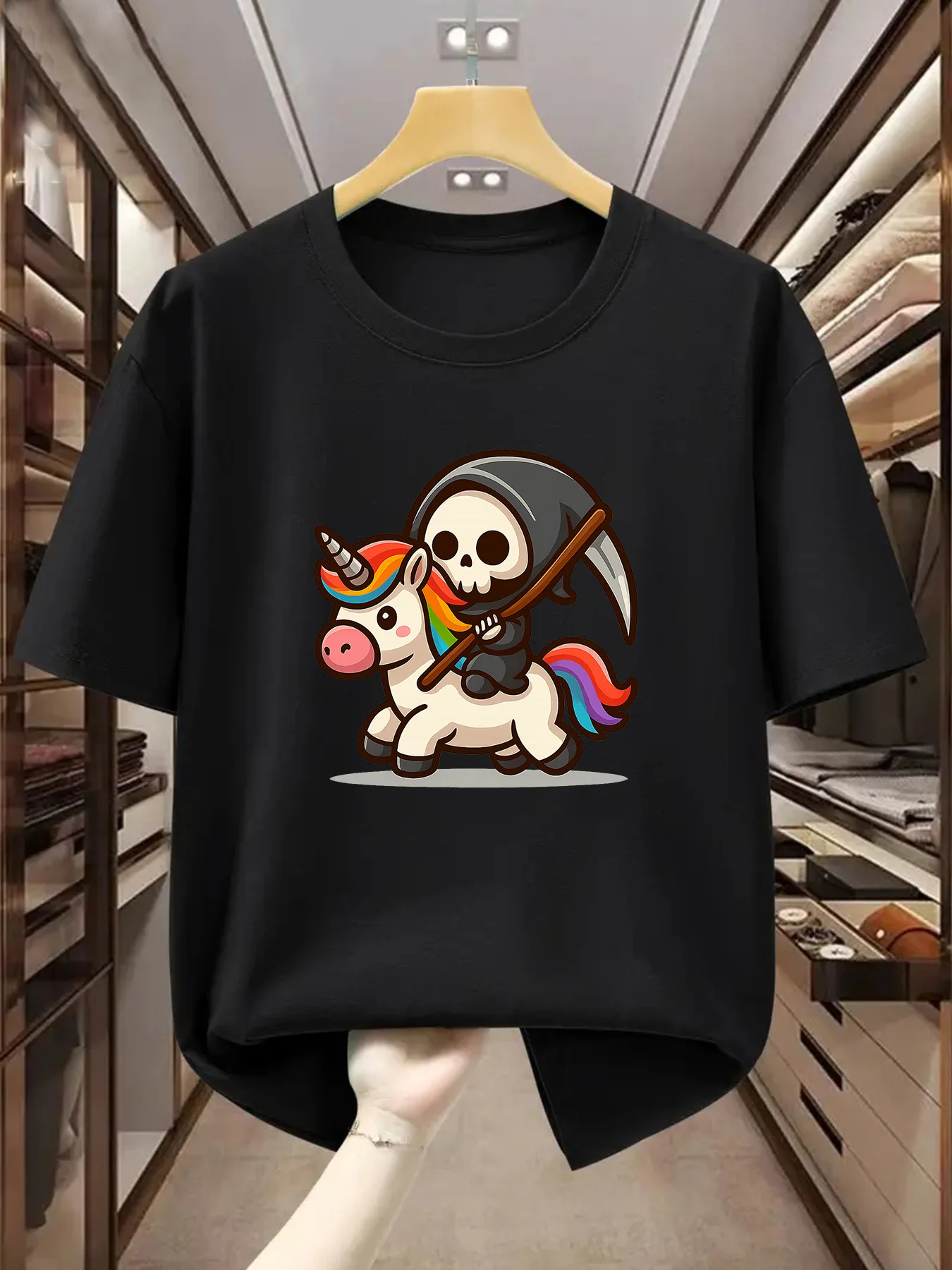 Grim Reaper and Unicorn Cotton T-Shirt — Color: black / Size: M