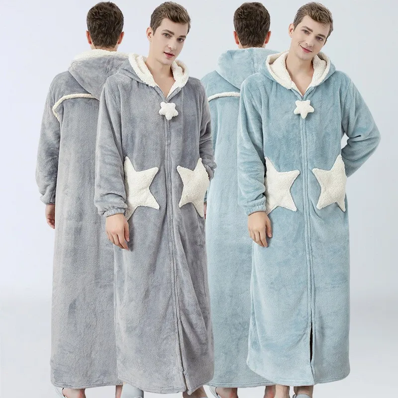 Winter Men Bathrobe Nightgown Flannel Long Sleeve Robe Home Wear Coral