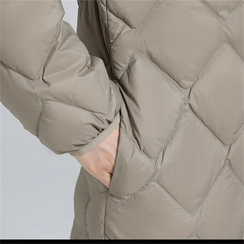 Malha rômbica quente leve fina branca de pato para baixo jaqueta feminina, longo puffer parkas, casaco gola V, grande tamanho feminino outwears, inverno