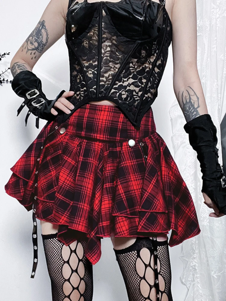 

2024 Gothic Red Plaid Skirts Women Mini Ball Gown Y2k Grunge Punk Clothes E-girls Sexy Kawaii Ruffles Street Korean Casual Skirt
