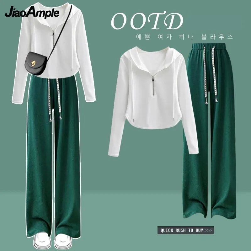 Women's Spring Autumn Casual Tracksuit Set 2024 New Vintage Hooded Top+Sport Pants Two Piece Suit Korean Elegant Matching Sets