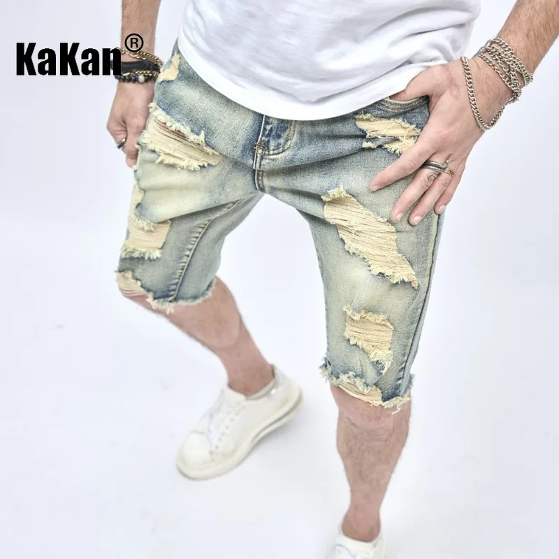 Kakan - European and American New Product Men's Half Slim Fit Small Feet Scratched Jeans Trendy Youth Perforated Shorts Jeans