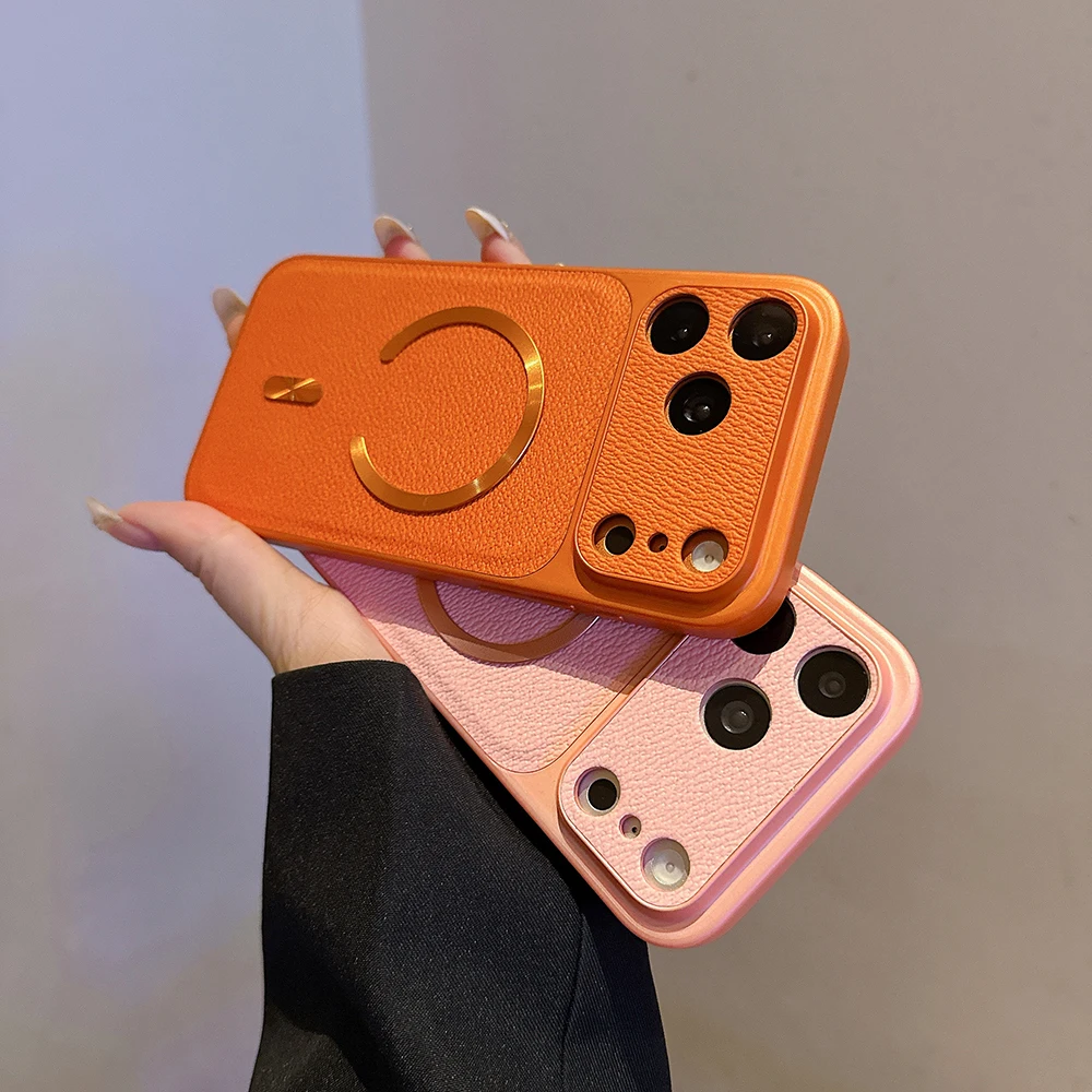 Vintage-Style Leather Magnetic Wireless Charger Case with Full Lens Protection and Shockproof Bumper