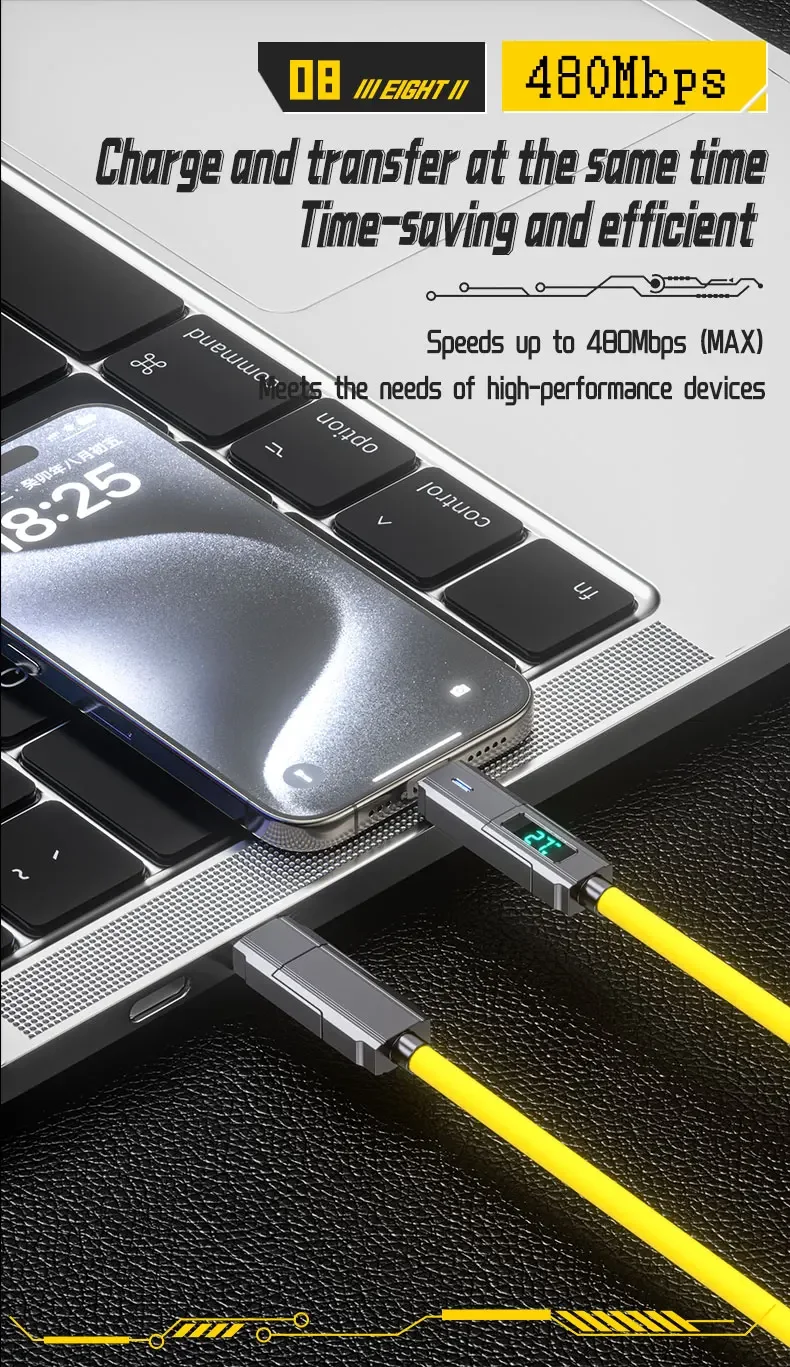 4 in 1 USB C Data Cable Digital Display Silicone for Iphone PD 66W Zinc Alloy Fast Charging Cable Line Type C with LED Design