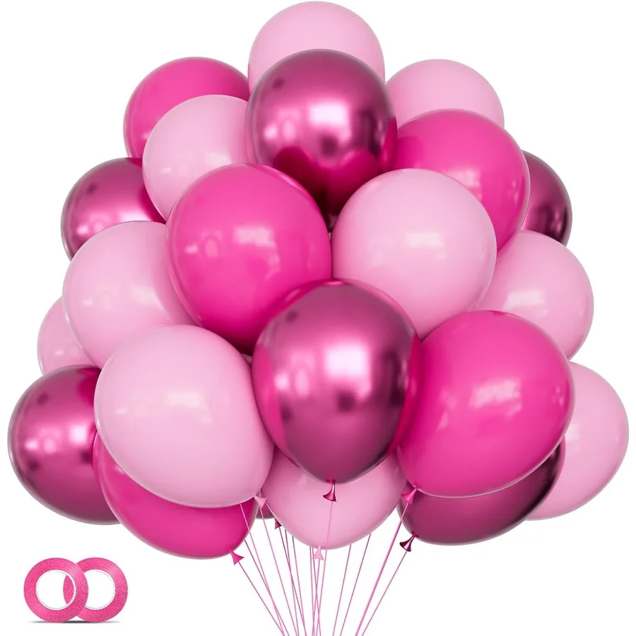 60 Pcs Hot Pink Metallic Latex Balloons Set